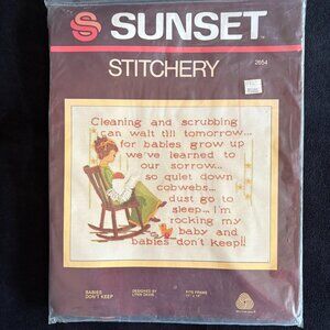 New in bag, Vintage 1977, Sunset Stitchery Kit "Cleaning and scrubbing..."